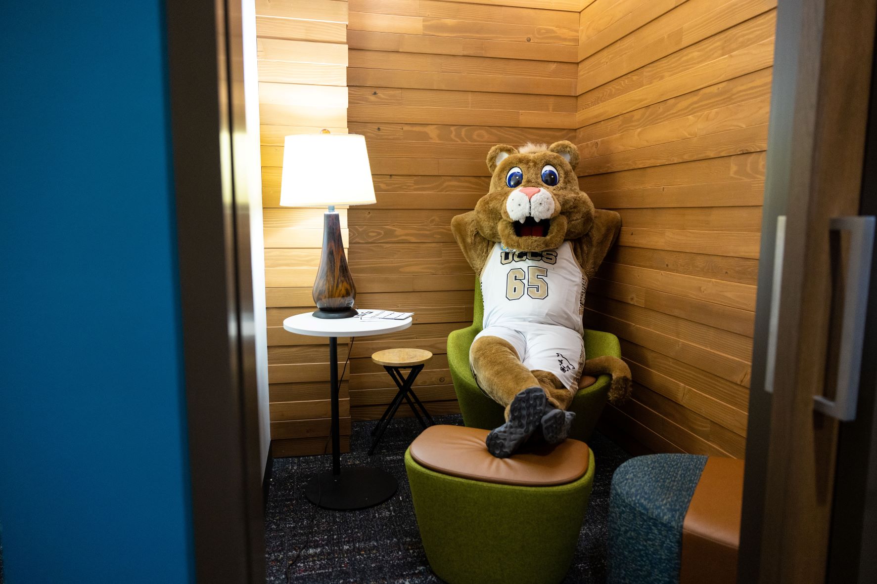 Image of mascot Clyde lounging in a reflection room