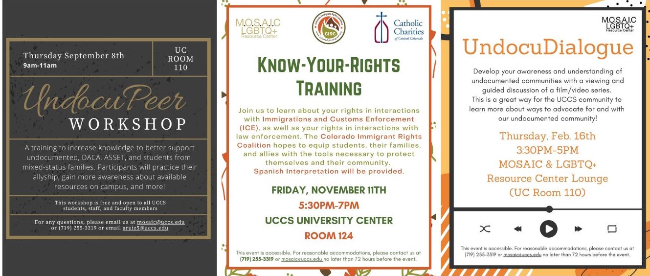 Image of workshops and events hosted by the MOSAIC office about Undocumented Immigrants