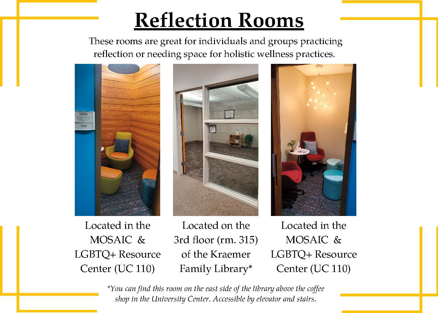Three images of the UCCS reflection rooms and their locations.