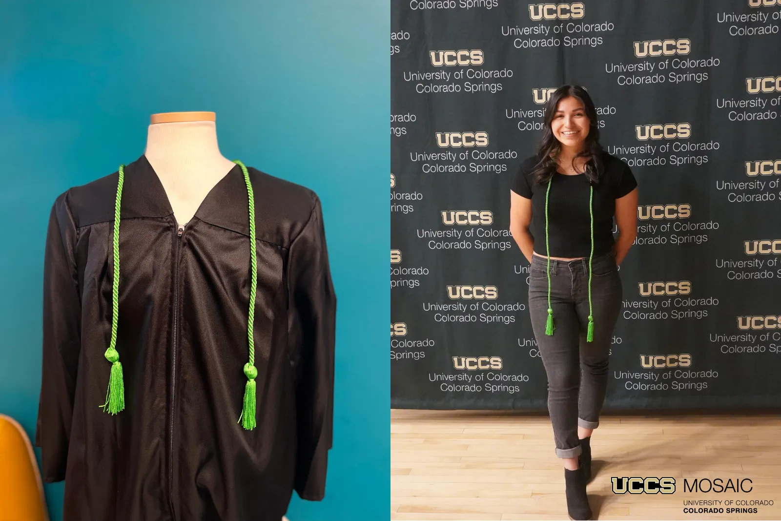 First2Go cord on a mannequin and student posing while wearing the cord