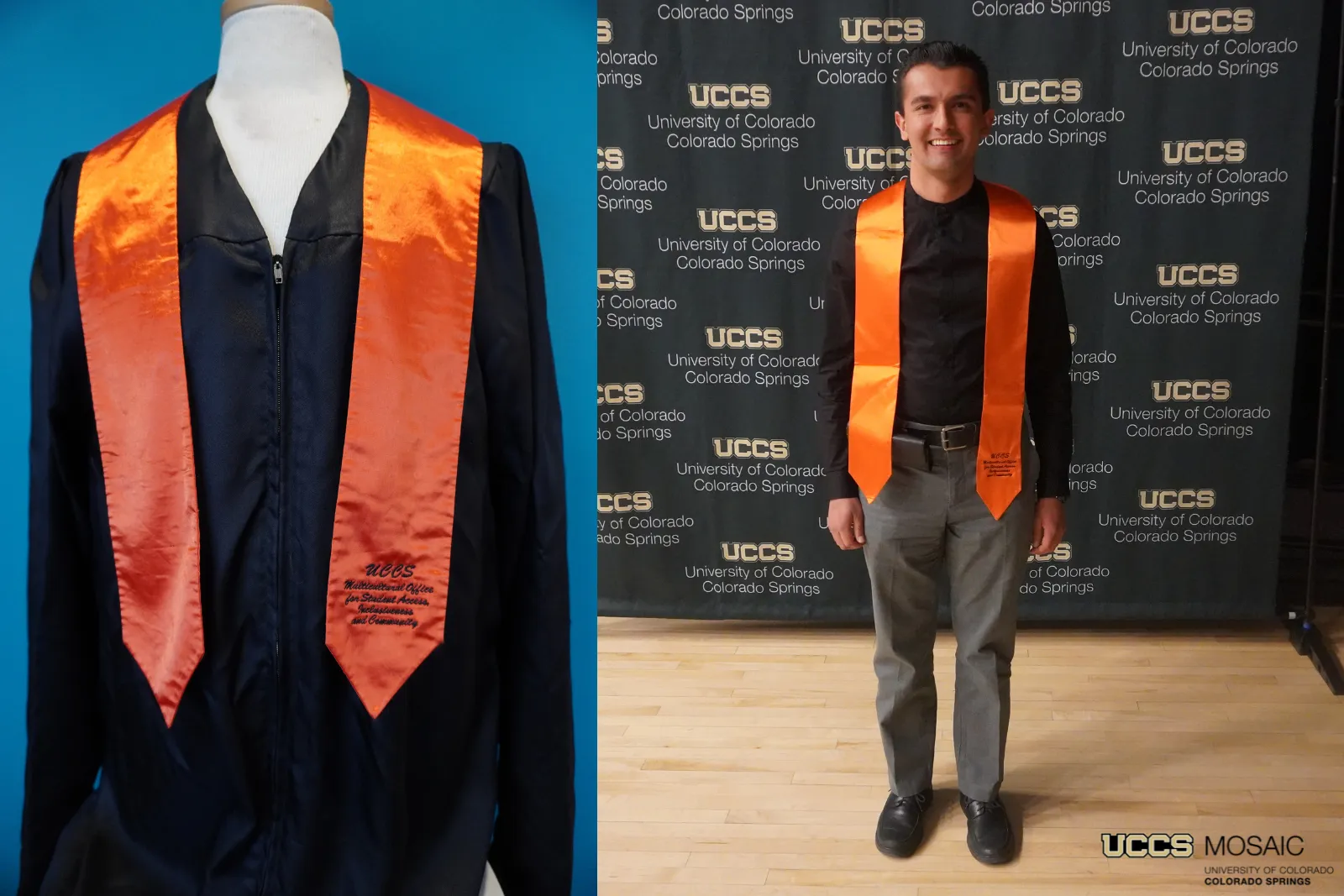 MOSAIC stole on a mannequin and student posing while wearing the stole